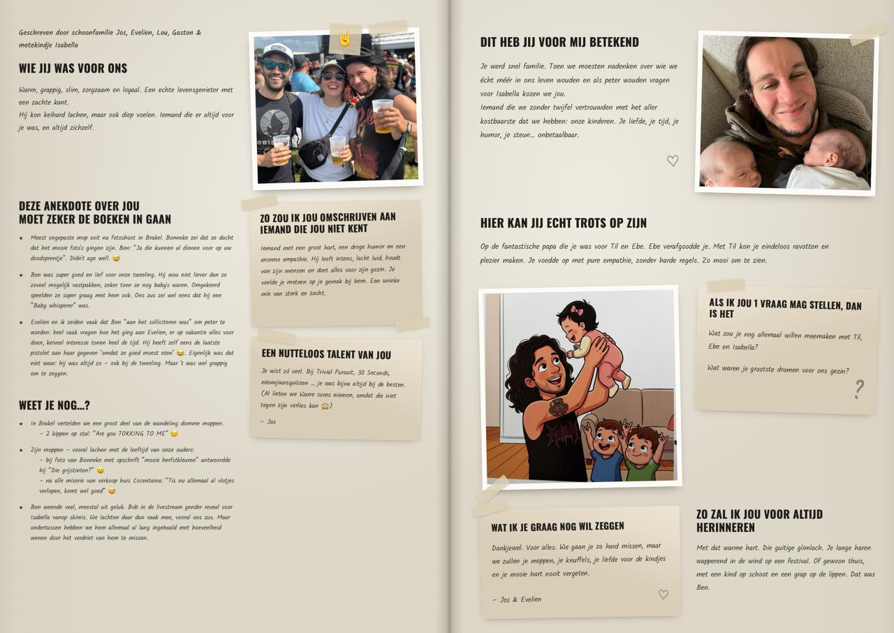 Voorbeeld van een dubbele pagina uit het boek over Ben met foto's en verhalen